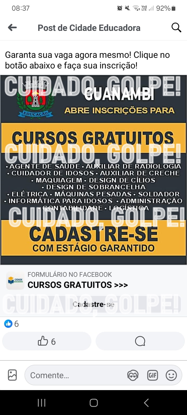 Alerta de golpe Criminosos usam o nome da Prefeitura de Guanambi para aplicar golpes, com falsa oferta de cursos