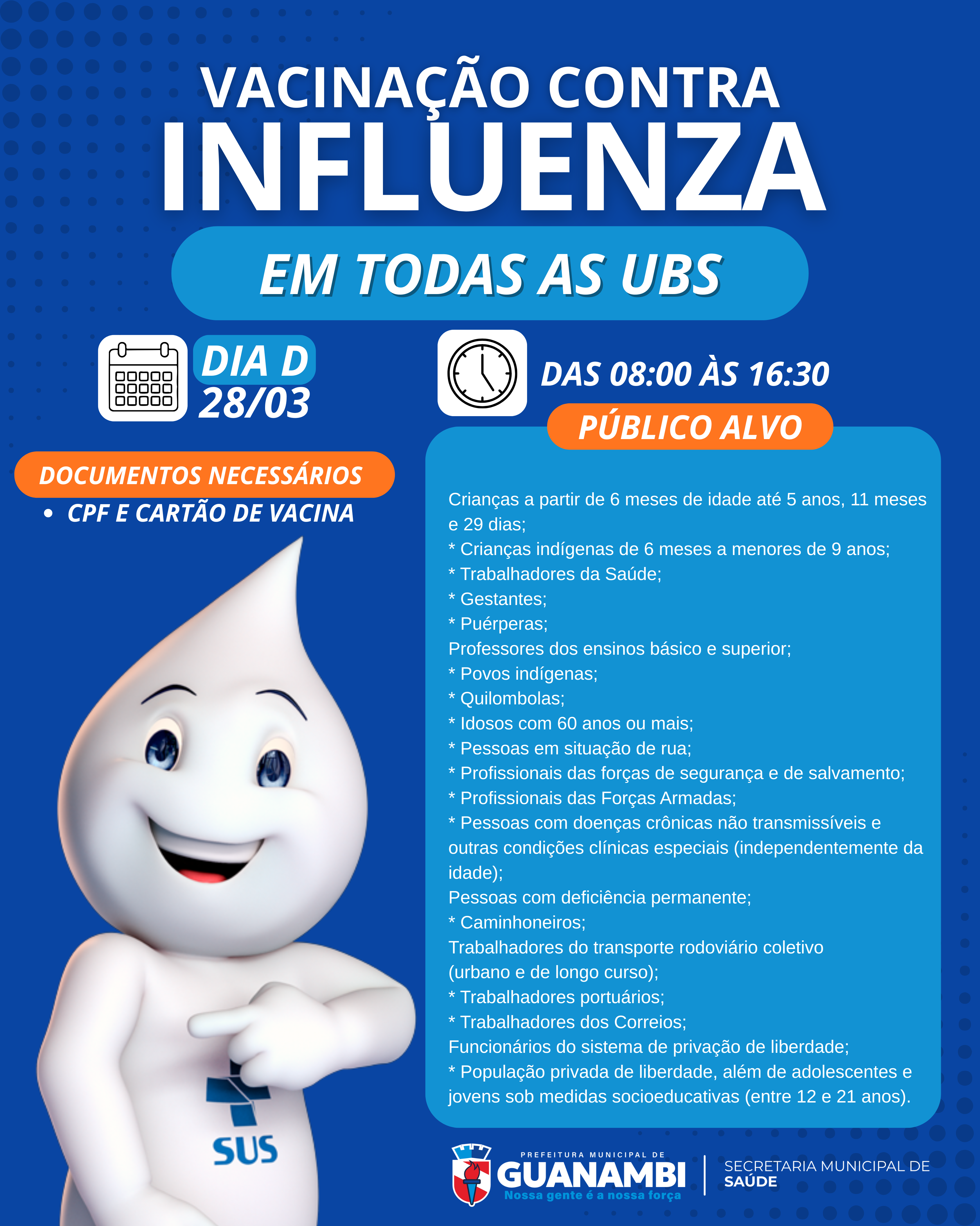 Campanha de vacinação contra a Influenza em Guanambi inicia neste sábado (28), com Dia D em todas as unidades de saúde