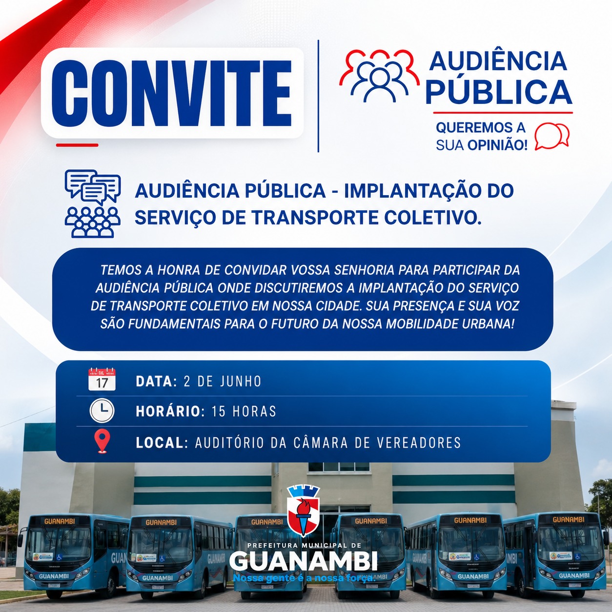 PMG convida a população para Audiência Pública de implantação do transporte coletivo na próxima terça (2), na Câmara de Vereadores
