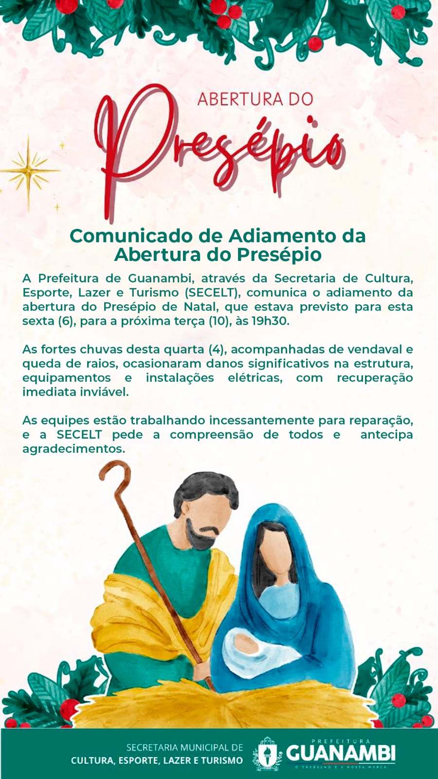 Comunicado de Adiamento da Abertura do Presépio