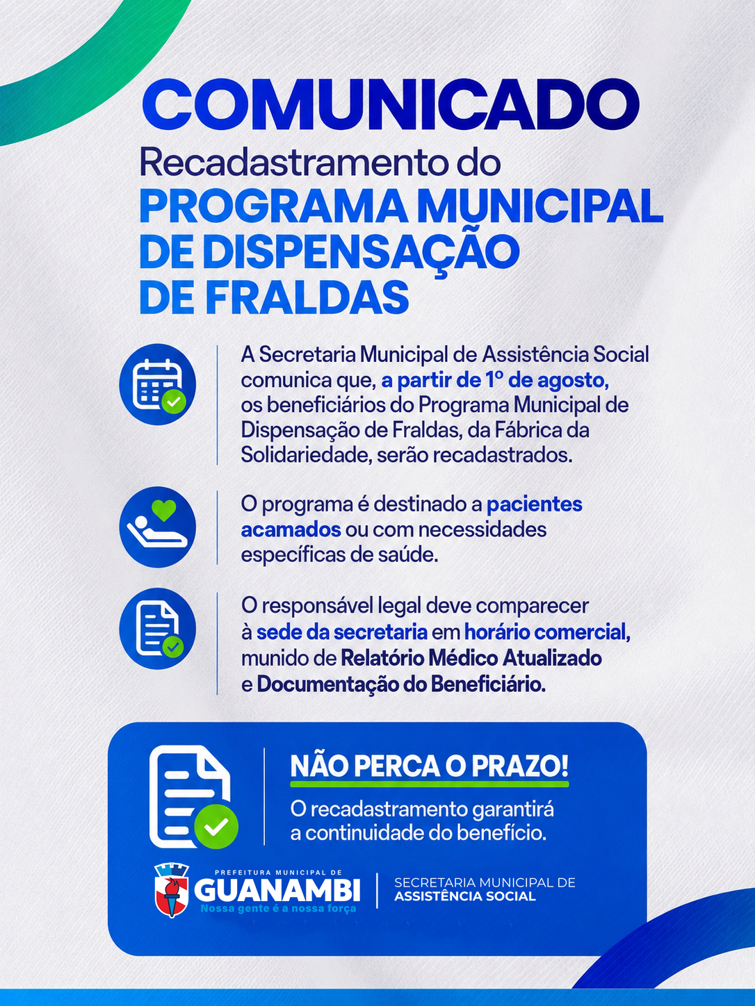 COMUNICADO IMPORTANTE - Recadastramento: Programa de Dispensação de Fraldas