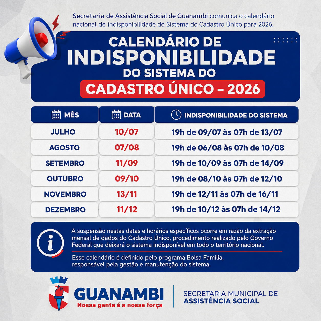 Secretaria de Assistência Social de Guanambi divulga o Calendário Nacional de Indisponibilidade do Sistema do Cadastro Único