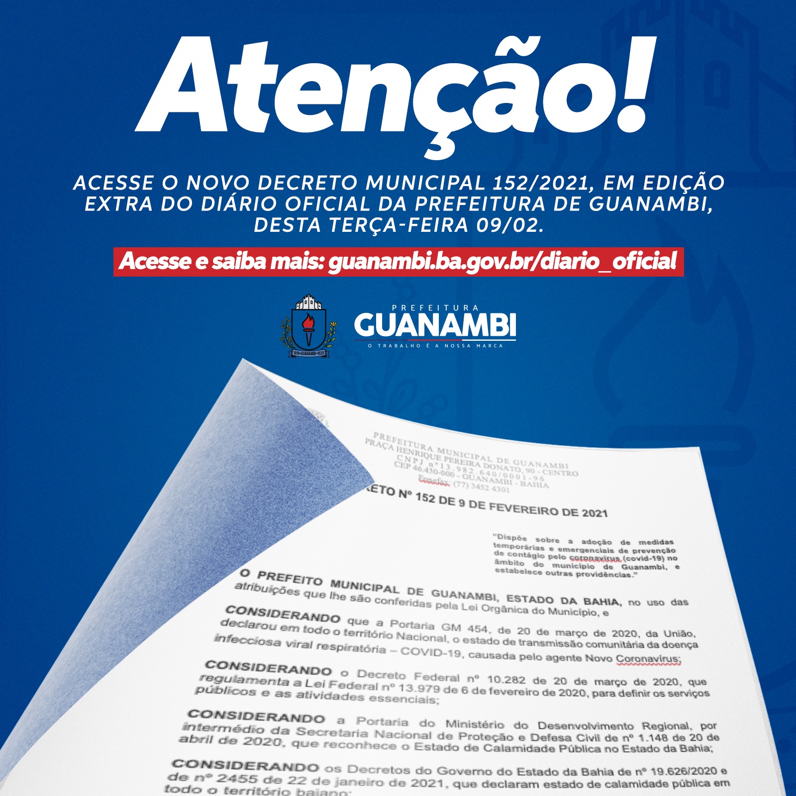 Prefeitura de Guanambi publica novo decreto com novas restrições para conter a alta da Covid-19 na cidade
