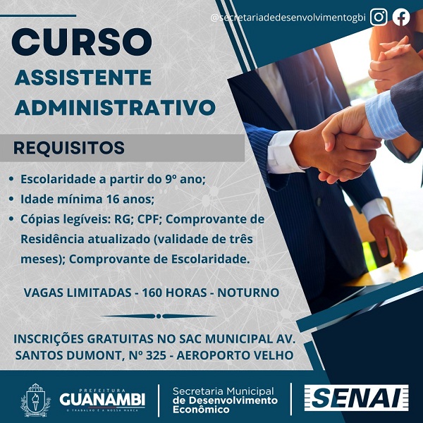 Secretaria de Desenvolvimento Econômico em parceria com SENAI abre inscrições para curso de Assistente Administrativo