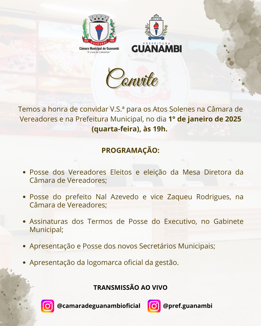 Câmara de Vereadores e Prefeitura de Guanambi convidam para atos solenes de posse dos vereadores, prefeito e vice, eleição da mesa diretora e posse dos novos secretários municipais