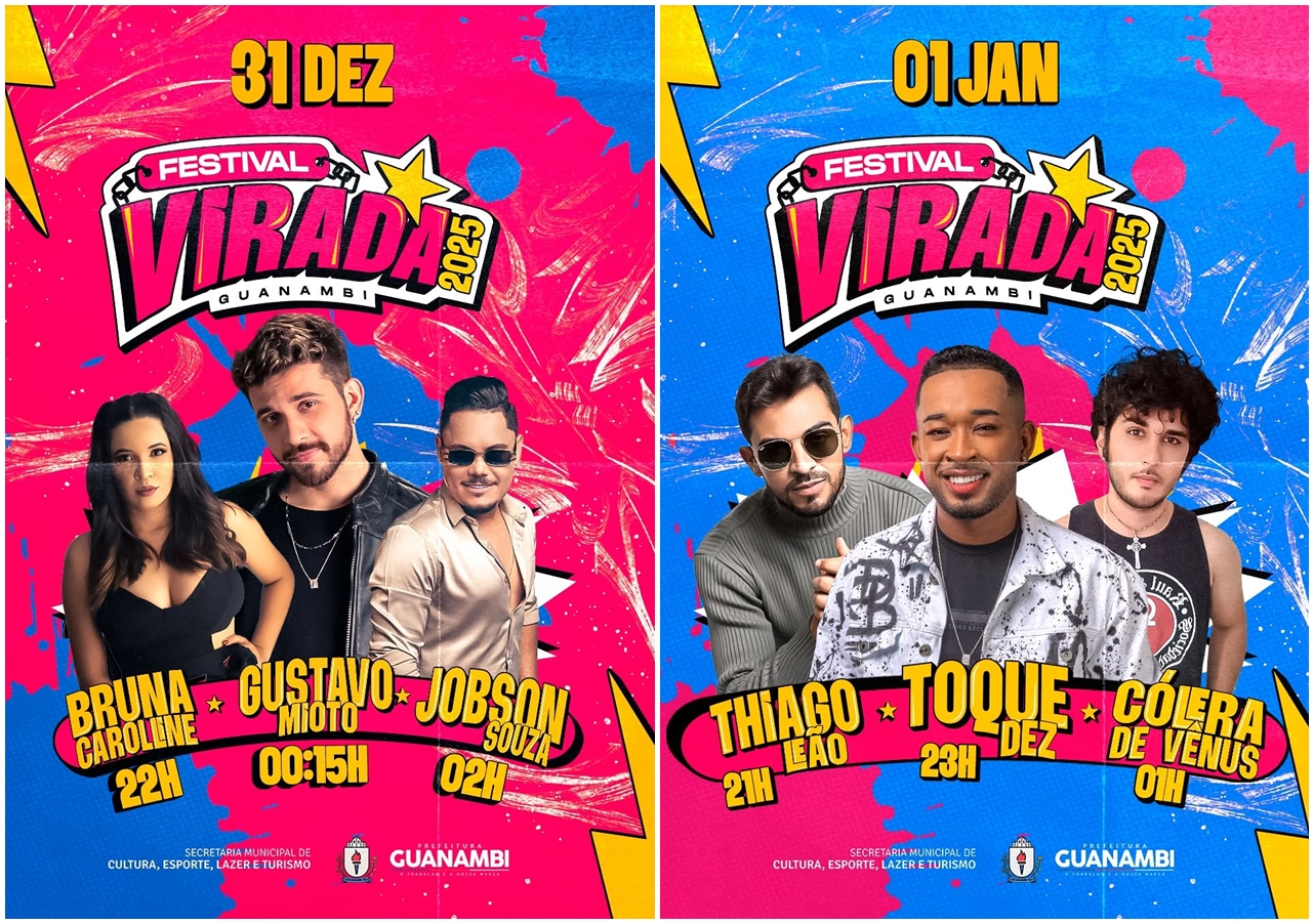 Prefeitura de Guanambi anuncia grade completa do Festival da Virada, que será realizada nos dias 31/12 e 1º de janeiro na Praça do Feijão