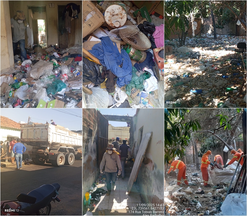 Secretarias de Saúde, Meio Ambiente e Infraestrutura realizam limpeza de residência no Bairro Vomitamel infestada de insetos e muito lixo