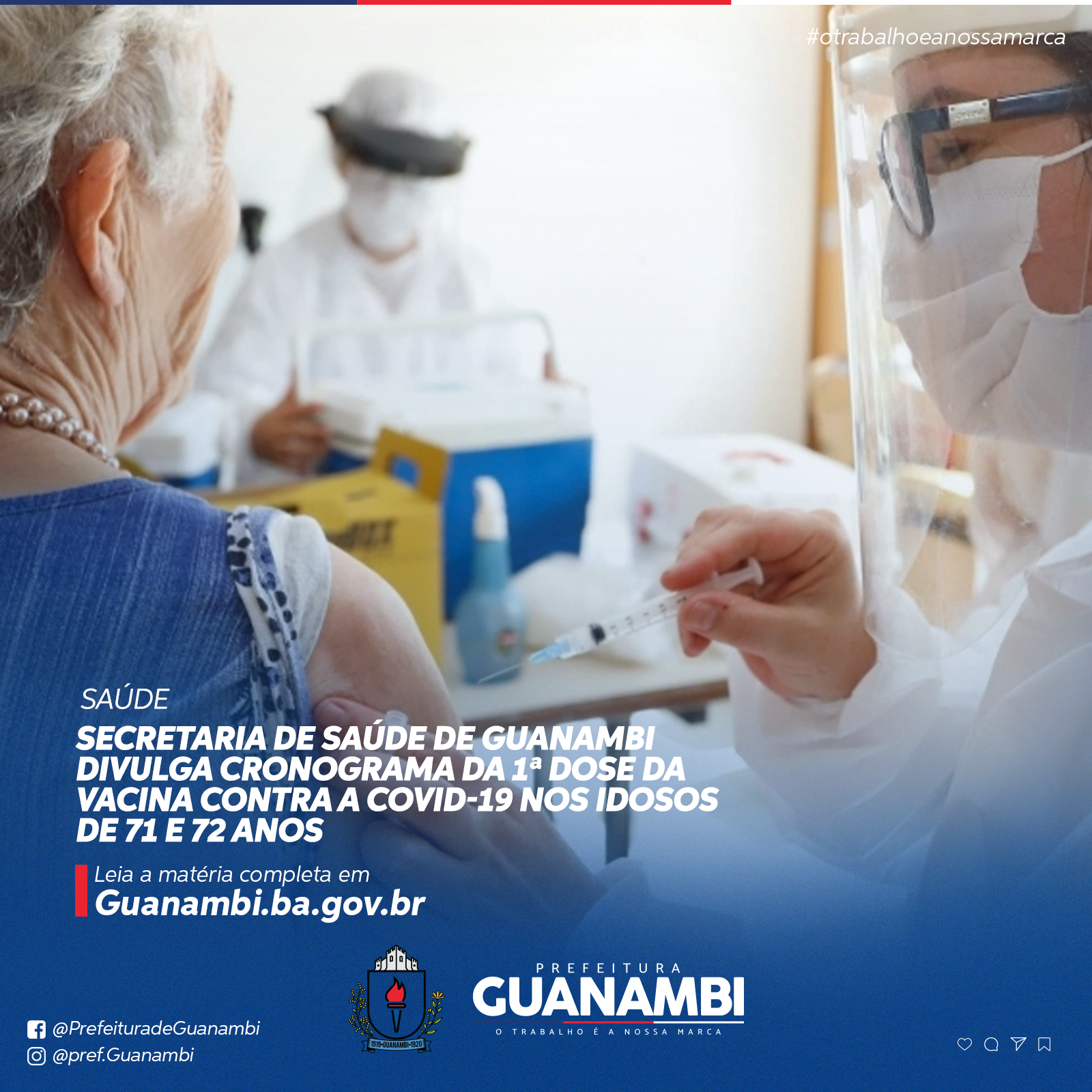 Secretaria de Saúde de Guanambi divulga cronograma da 1ª dose da vacina contra a Covid-19 nos idosos de 71 e 72 anos