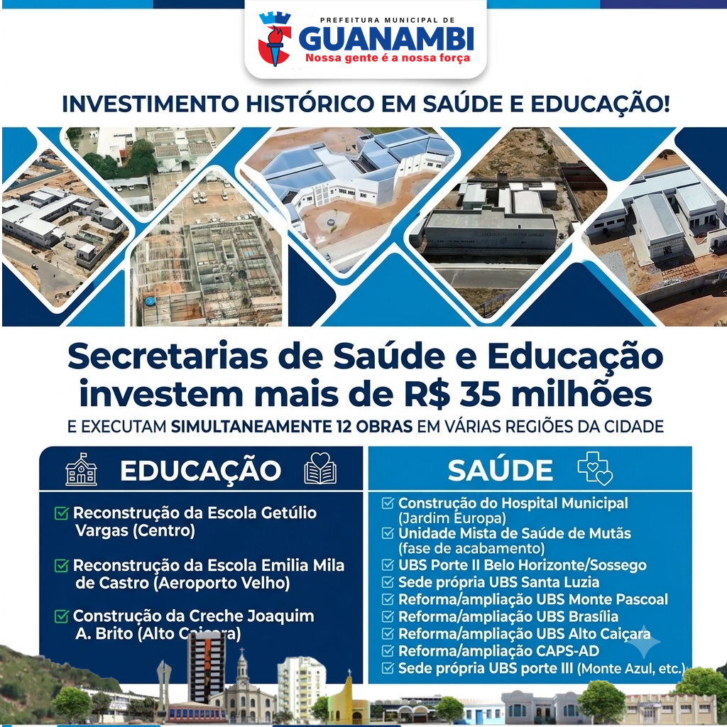 Secretarias de Saúde e Educação de Guanambi investem mais de R$ 35 milhões e executam simultaneamente 12 obras em várias regiões da cidade