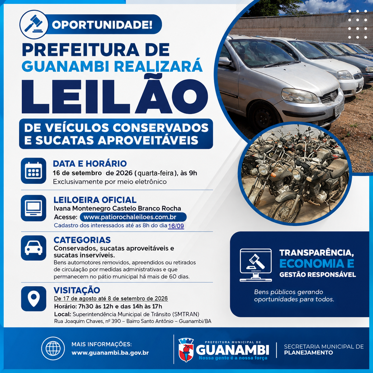 Prefeitura de Guanambi realizará em 16 de setembro, leilão de veículos conservados e sucatas aproveitáveis